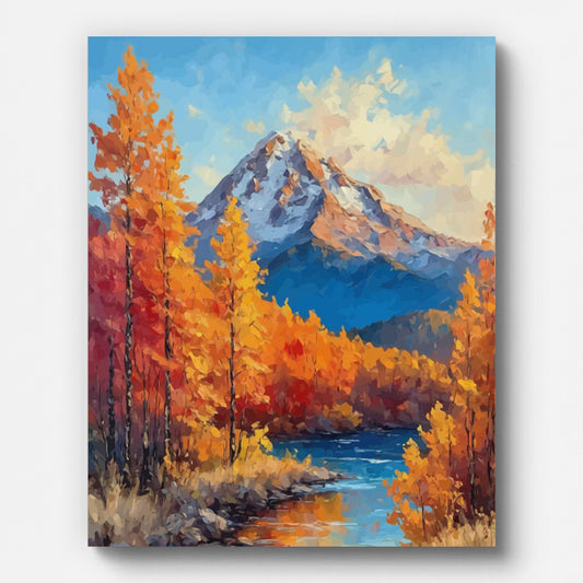 Autumn Forest and Snowy River Paint by Numbers shown on a stretched canvas