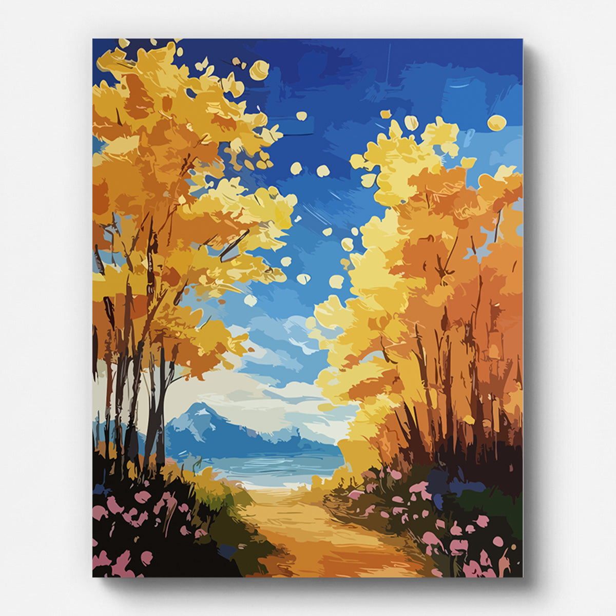 Autumn Forest Path Paint by Numbers shown on a stretched canvas