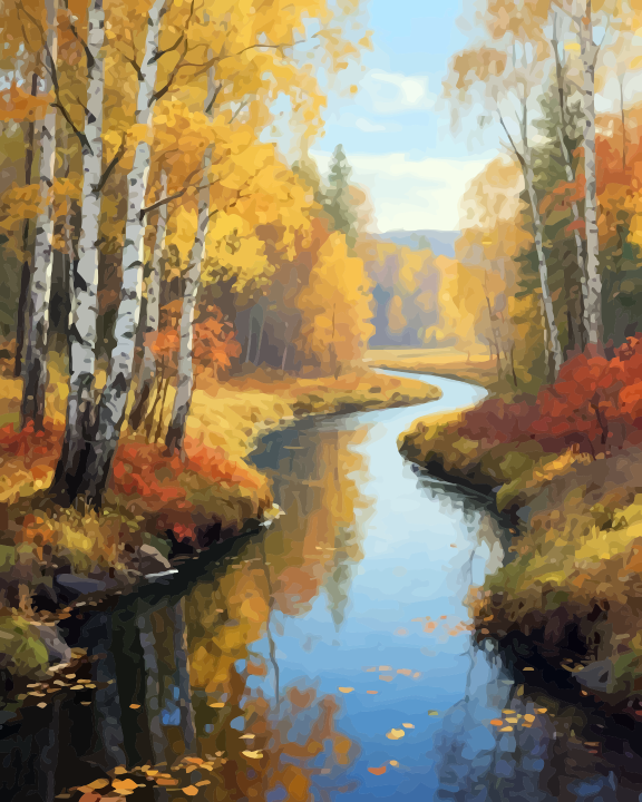 Full artwork design for Autumn Forest Stream Paint by Numbers