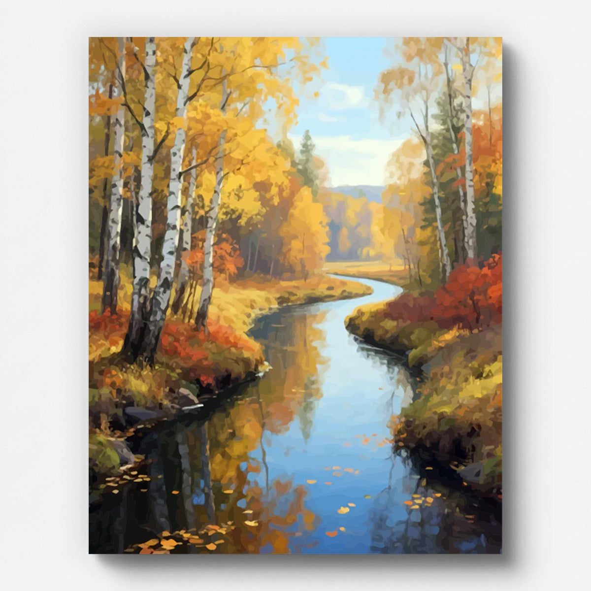 Autumn Forest Stream Paint by Numbers shown on a stretched canvas