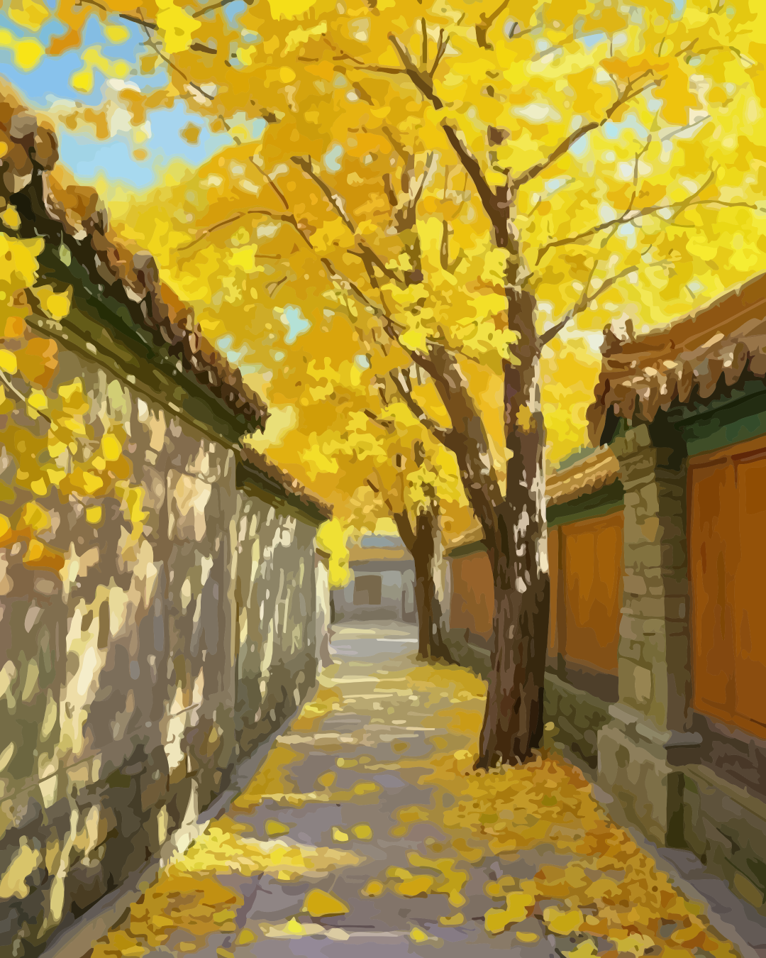 Full artwork design for Autumn Ginkgo Alley Paint by Numbers