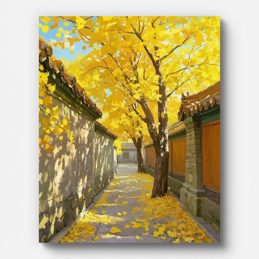 Autumn Ginkgo Alley Paint by Numbers shown on a stretched canvas