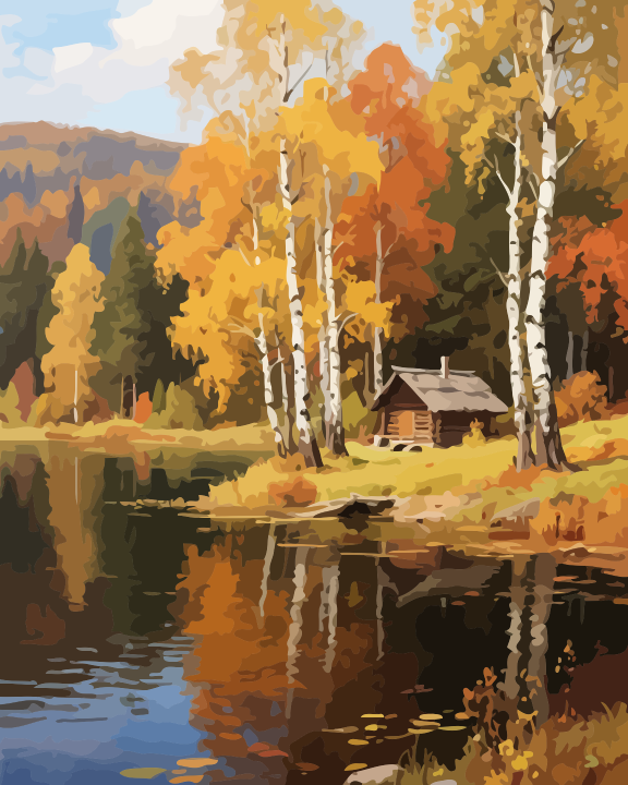 Full artwork design for Autumn Lakeside Cabin Paint by Numbers