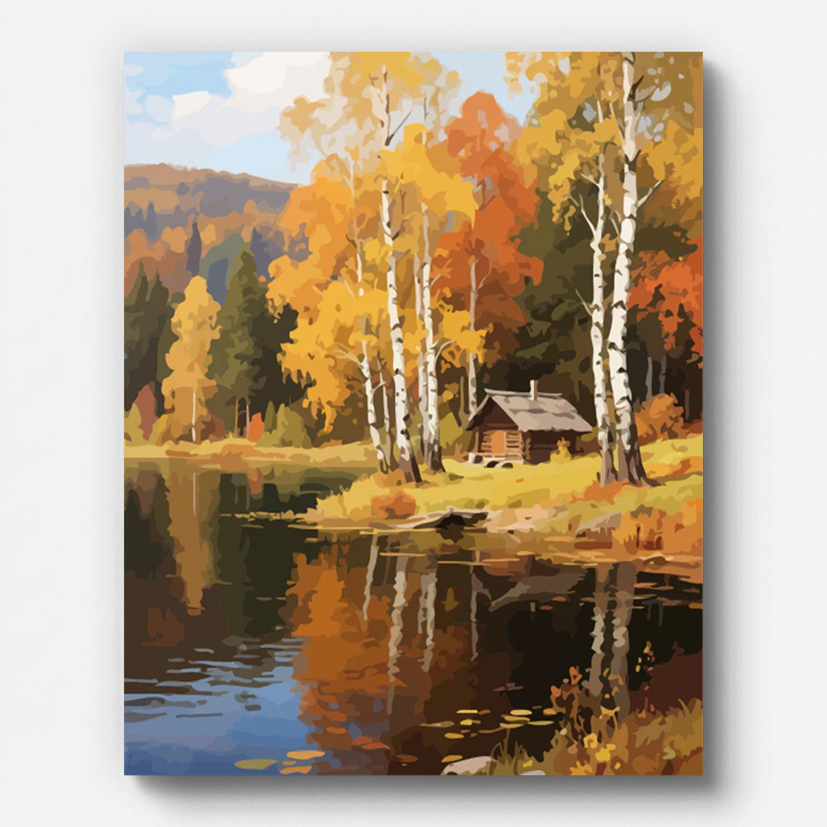 Autumn Lakeside Cabin Paint by Numbers shown on a stretched canvas