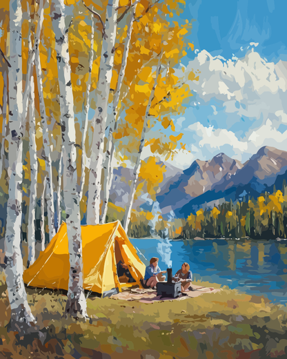 Vollständiges Motiv für Camping am See im Herbst – Malen nach Zahlen