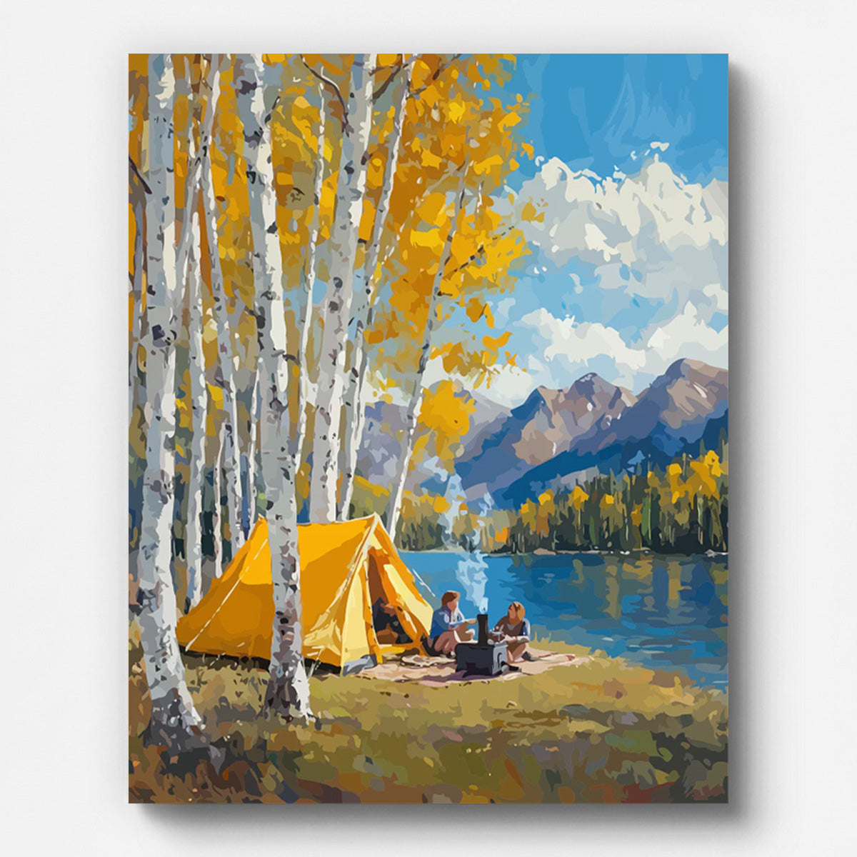Camping am See im Herbst – Malen nach Zahlen auf gespannter Leinwand
