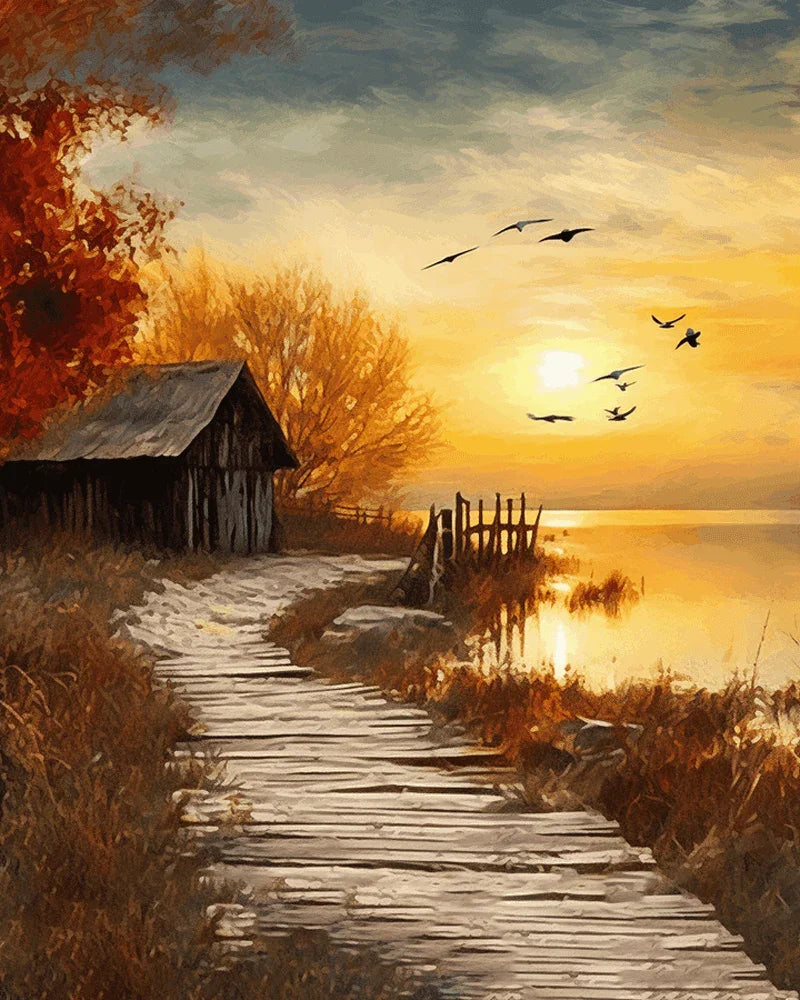 Vollständiges Motiv der herbstlichen Abenddämmerung am See – Malen nach Zahlen