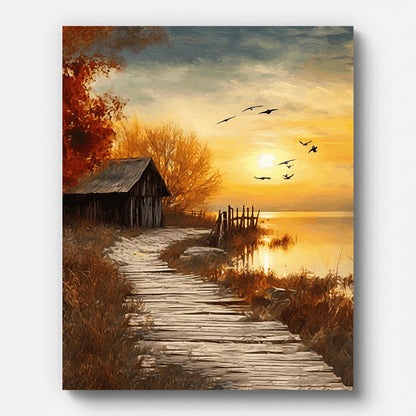 Herbstliche Abenddämmerung am See Malen nach Zahlen auf gespannter Leinwand