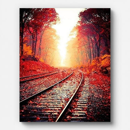 Autumn Railway Tracks Paint by Numbers shown on a stretched canvas