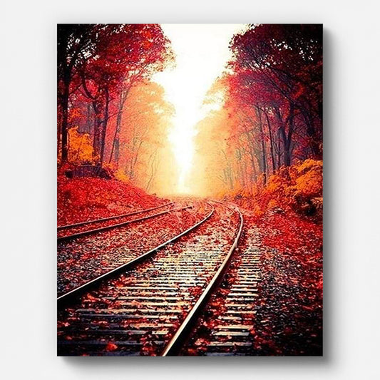 Autumn Railway Tracks Paint by Numbers shown on a stretched canvas