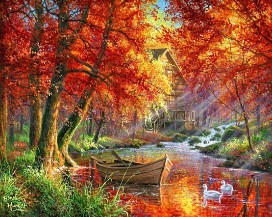 Autumn River and Boat Paint by Number Free Shipping - Paintarthub