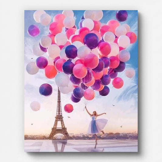 Balloons by the Eiffel Tower Paint by Numbers shown on a stretched canvas