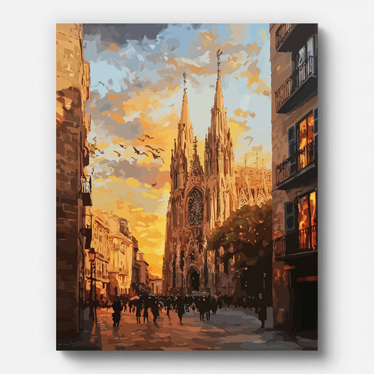 Sagrada Família in Barcelona bei Sonnenuntergang – Malen nach Zahlen auf gespannter Leinwand