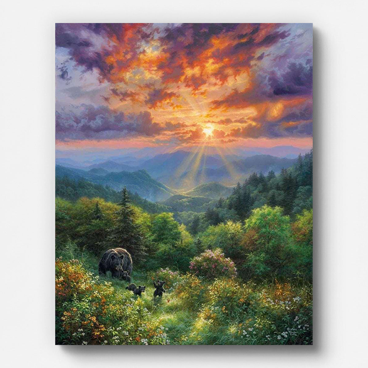 Bear Family at Mountain Sunset Paint by Numbers shown on a stretched canvas