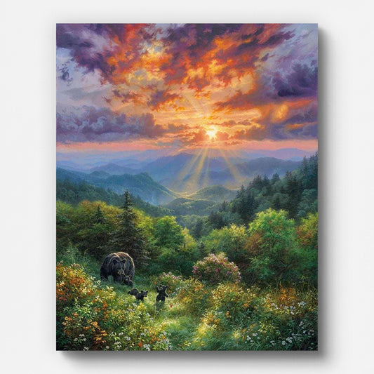 Bear Family at Mountain Sunset Paint by Numbers shown on a stretched canvas