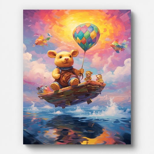 Bear in a Boat at Sea Paint by Numbers shown on a stretched canvas