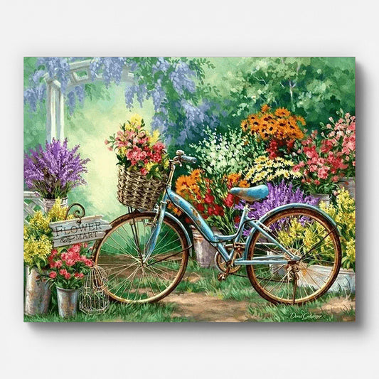 Bicycle with Flowers Paint by Numbers shown on a stretched canvas