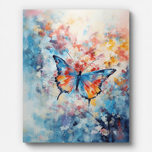 Blue and Orange Butterfly Paint by Numbers shown on a stretched canvas
