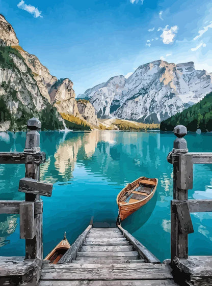 Boat on Mountain Lake Paint by Numbers for adults
