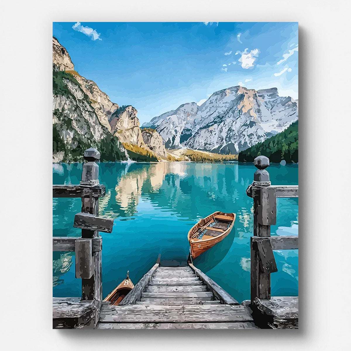 Boat on Mountain Lake Paint by Numbers shown on a stretched canvas
