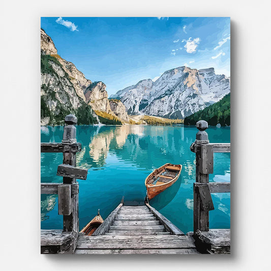 Boat on Mountain Lake Paint by Numbers shown on a stretched canvas