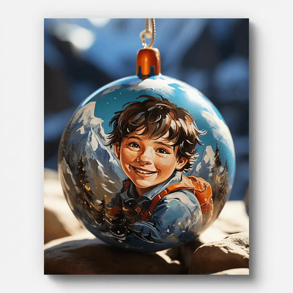 Boy with Christmas Decorations Paint by Numbers shown on a stretched canvas