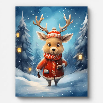Cartoon Christmas Deer Paint by Numbers shown on a stretched canvas