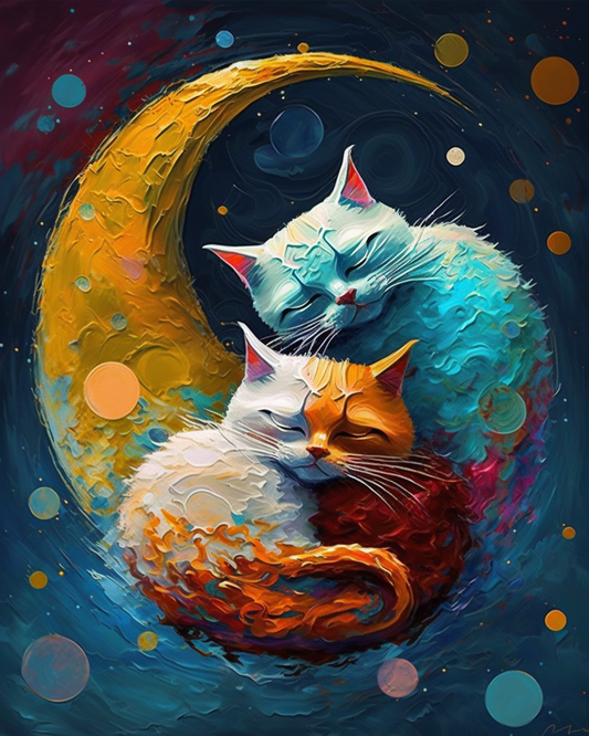 Cats Lying on The Moon Paint by Number Free Shipping - Paintarthub