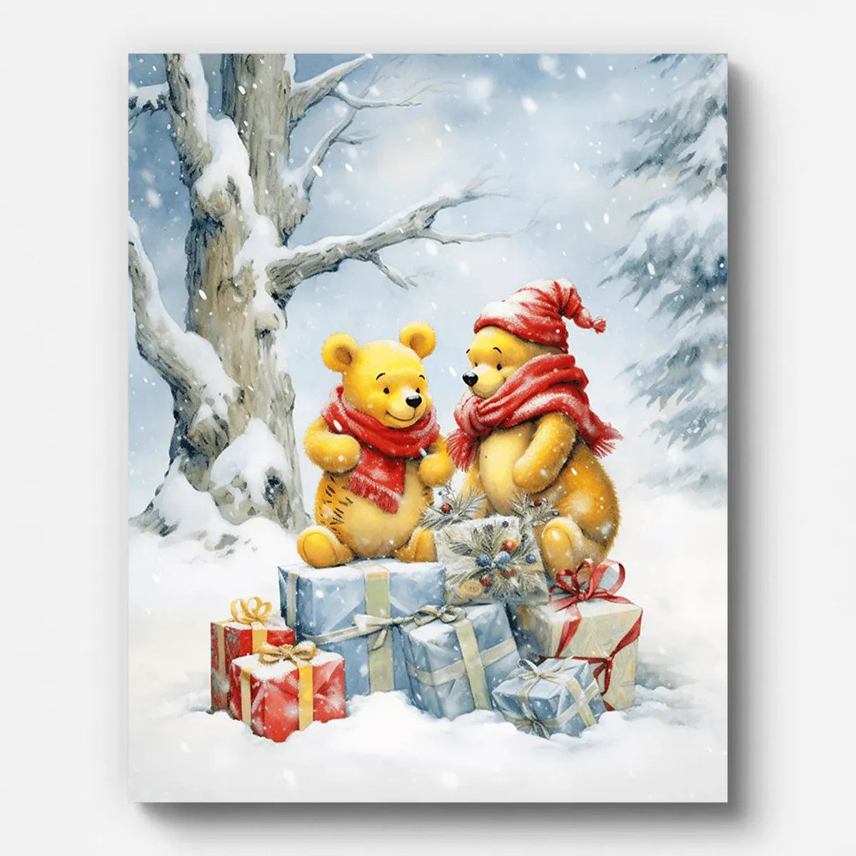 Christmas Bear and Gifts Paint by Numbers shown on a stretched canvas
