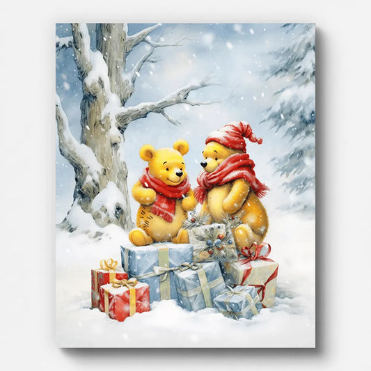 Christmas Bear and Gifts Paint by Numbers shown on a stretched canvas