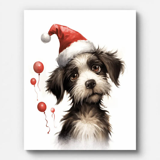 Christmas Dog and Balloon Paint by Numbers shown on a stretched canvas