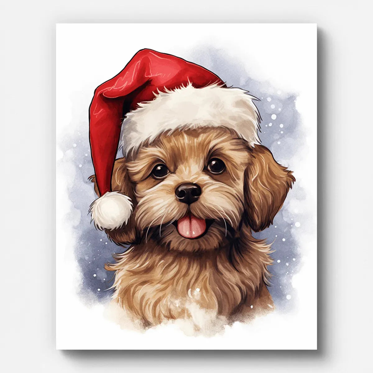 Christmas Dog in Santa Hat Paint by Numbers shown on a stretched canvas