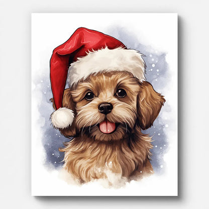 Christmas Dog in Santa Hat Paint by Numbers shown on a stretched canvas