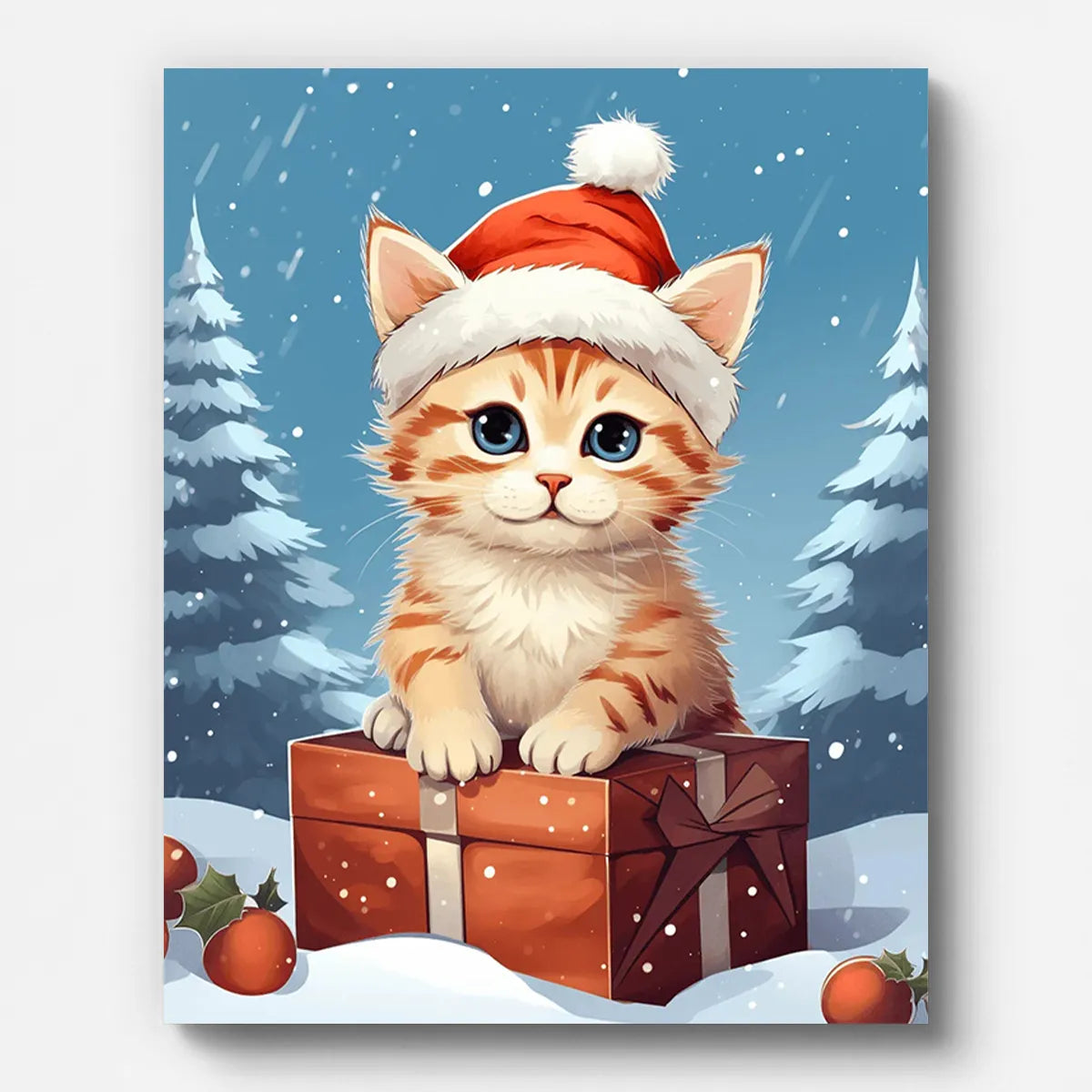 Christmas Kitten in Santa Hat Paint by Numbers shown on a stretched canvas