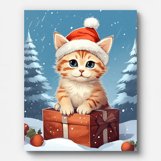 Christmas Kitten in Santa Hat Paint by Numbers shown on a stretched canvas