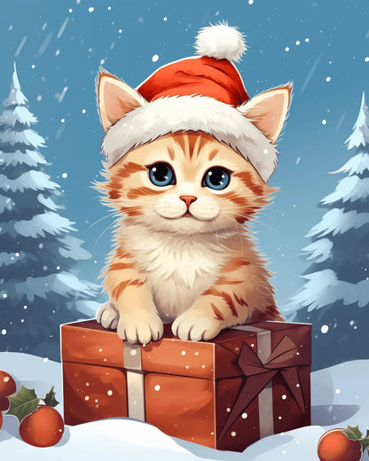 Christmas Kitten in Santa Hat Paint by Numbers