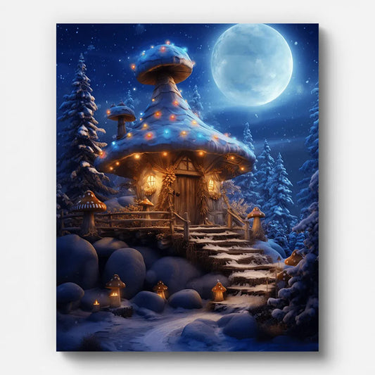 Christmas Mushroom House Paint by Numbers shown on a stretched canvas