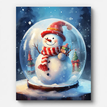 Christmas Snow Globe Paint by Numbers shown on a stretched canvas