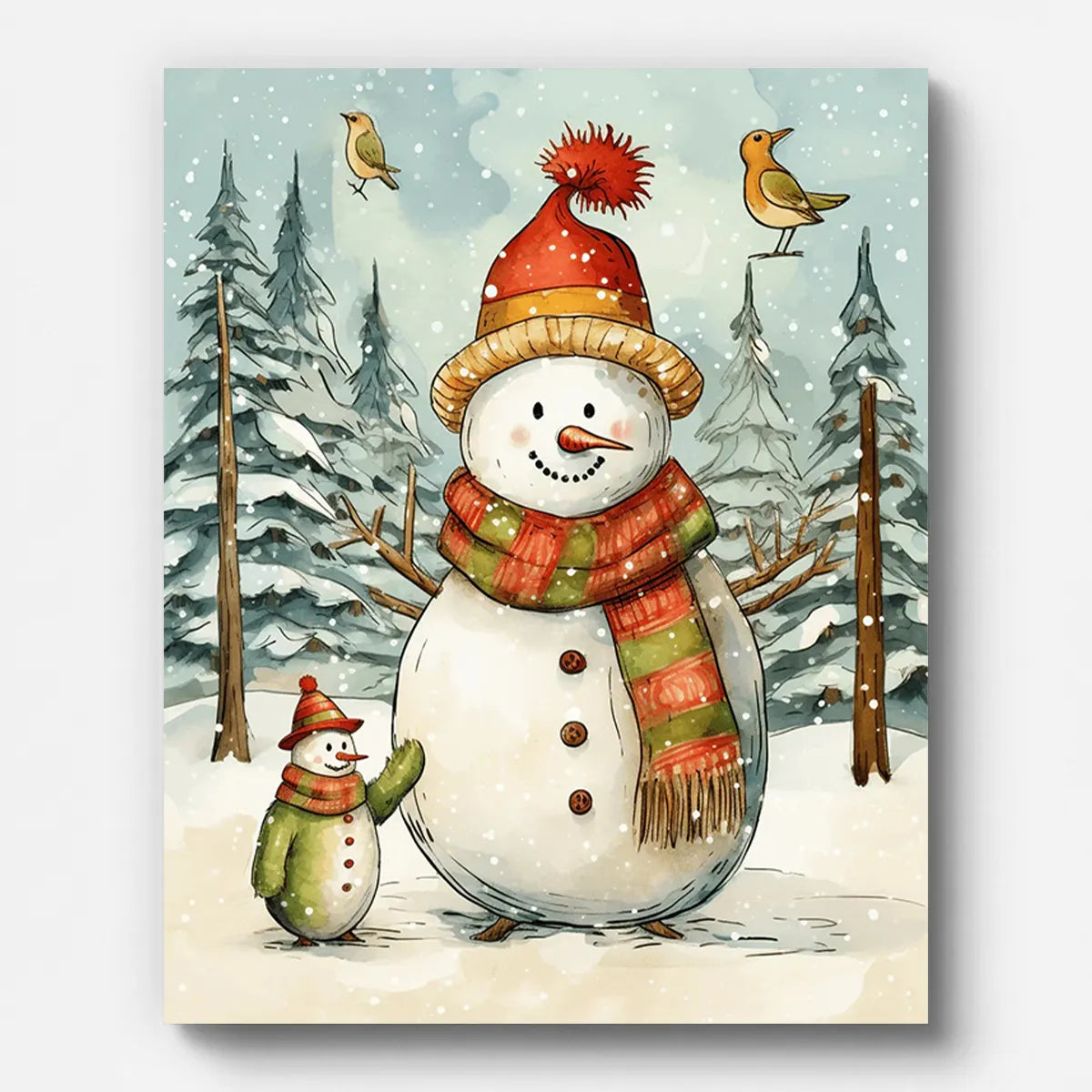 Christmas Snowman and Birds Paint by Numbers shown on a stretched canvas