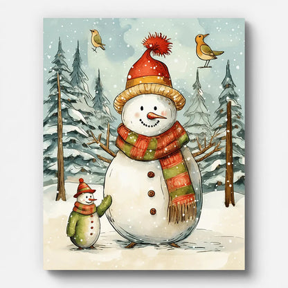 Christmas Snowman and Birds Paint by Numbers shown on a stretched canvas