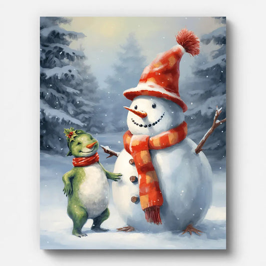 Christmas Snowman and Friend Paint by Numbers shown on a stretched canvas