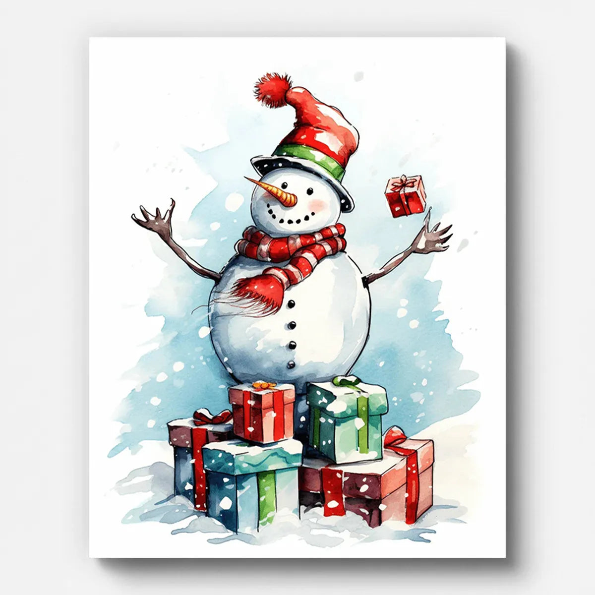 Christmas Snowman and Gifts Paint by Numbers shown on a stretched canvas
