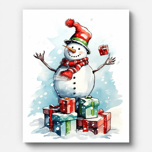 Christmas Snowman and Gifts Paint by Numbers shown on a stretched canvas
