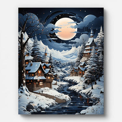 Christmas Snowy Alley Paint by Numbers shown on a stretched canvas