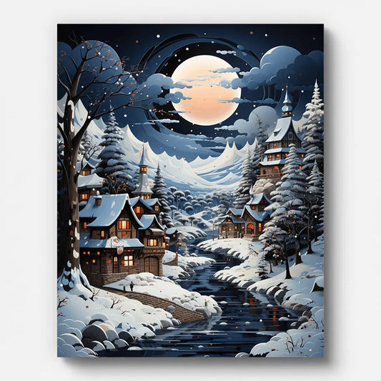 Christmas Snowy Alley Paint by Numbers shown on a stretched canvas