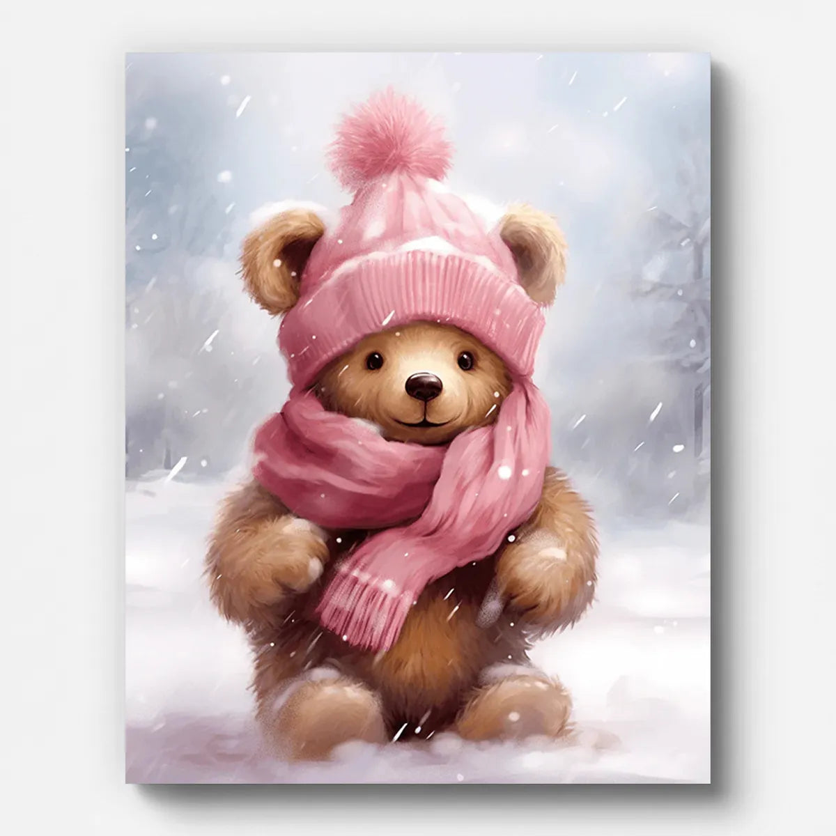 Christmas Teddy Bear Paint by Numbers shown on a stretched canvas