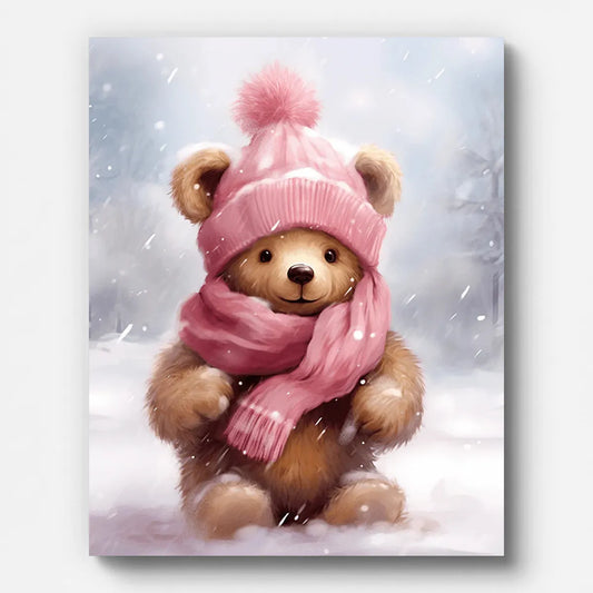 Christmas Teddy Bear Paint by Numbers shown on a stretched canvas