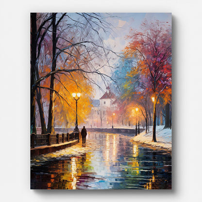 City Street Lights Paint by Numbers shown on a stretched canvas