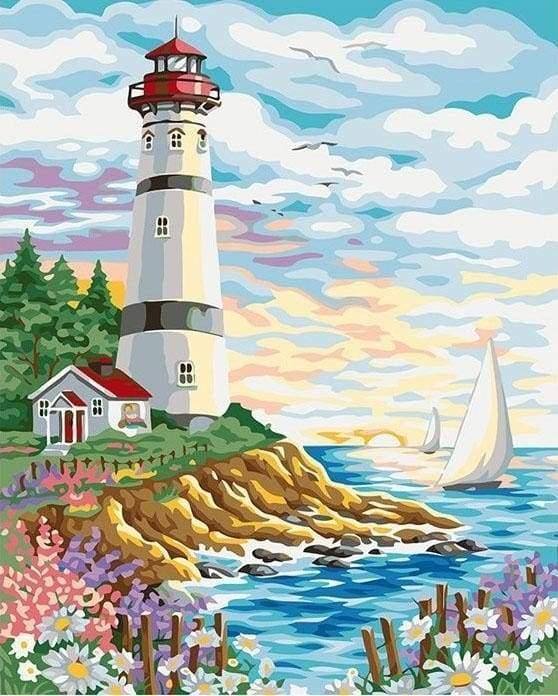 Coastal Lighthouse and Flowers Paint by Numbers for adults