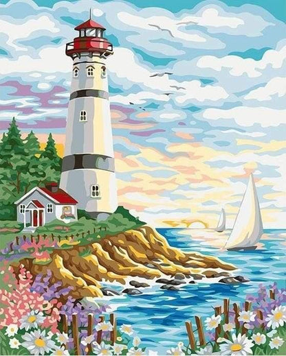 Coastal Lighthouse and Flowers Paint by Numbers for adults